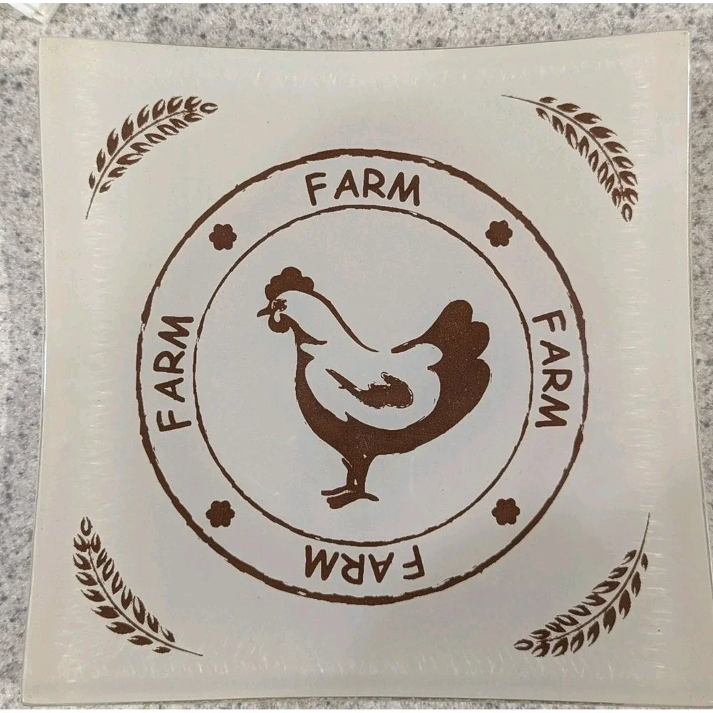 Square Glass Farm Plates Chicken Horse Cow Goose Set of 4 New Handmade In Turkey